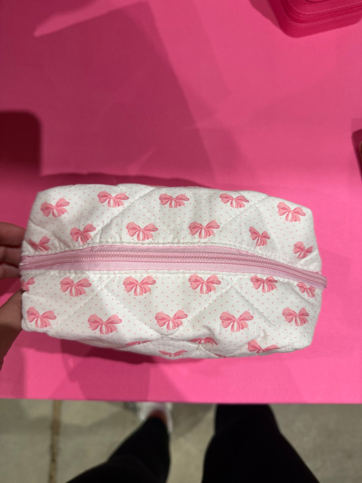 Pink Bow Quilted Makeup Bag