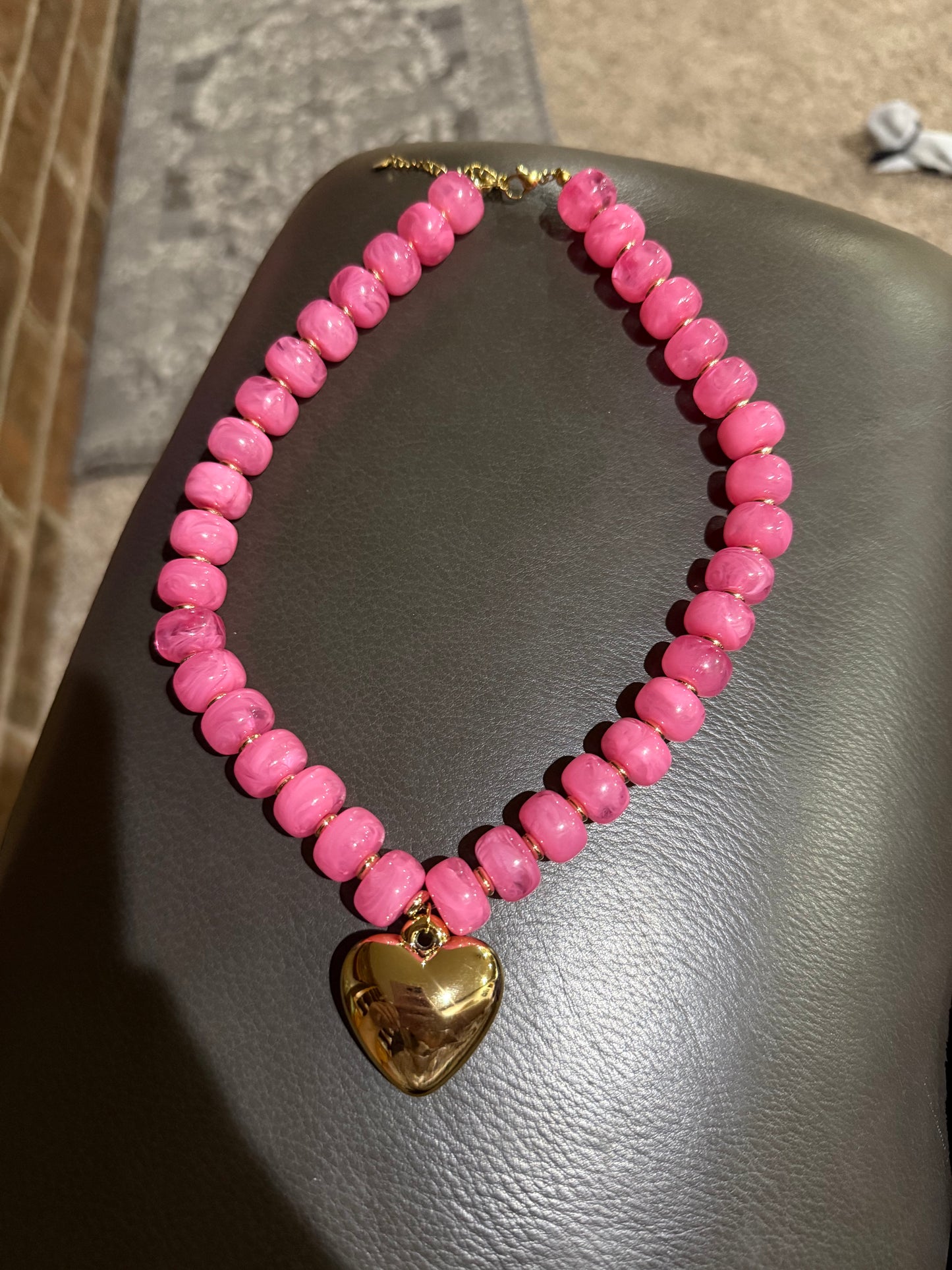Pink Beaded Necklace with Gold Heart