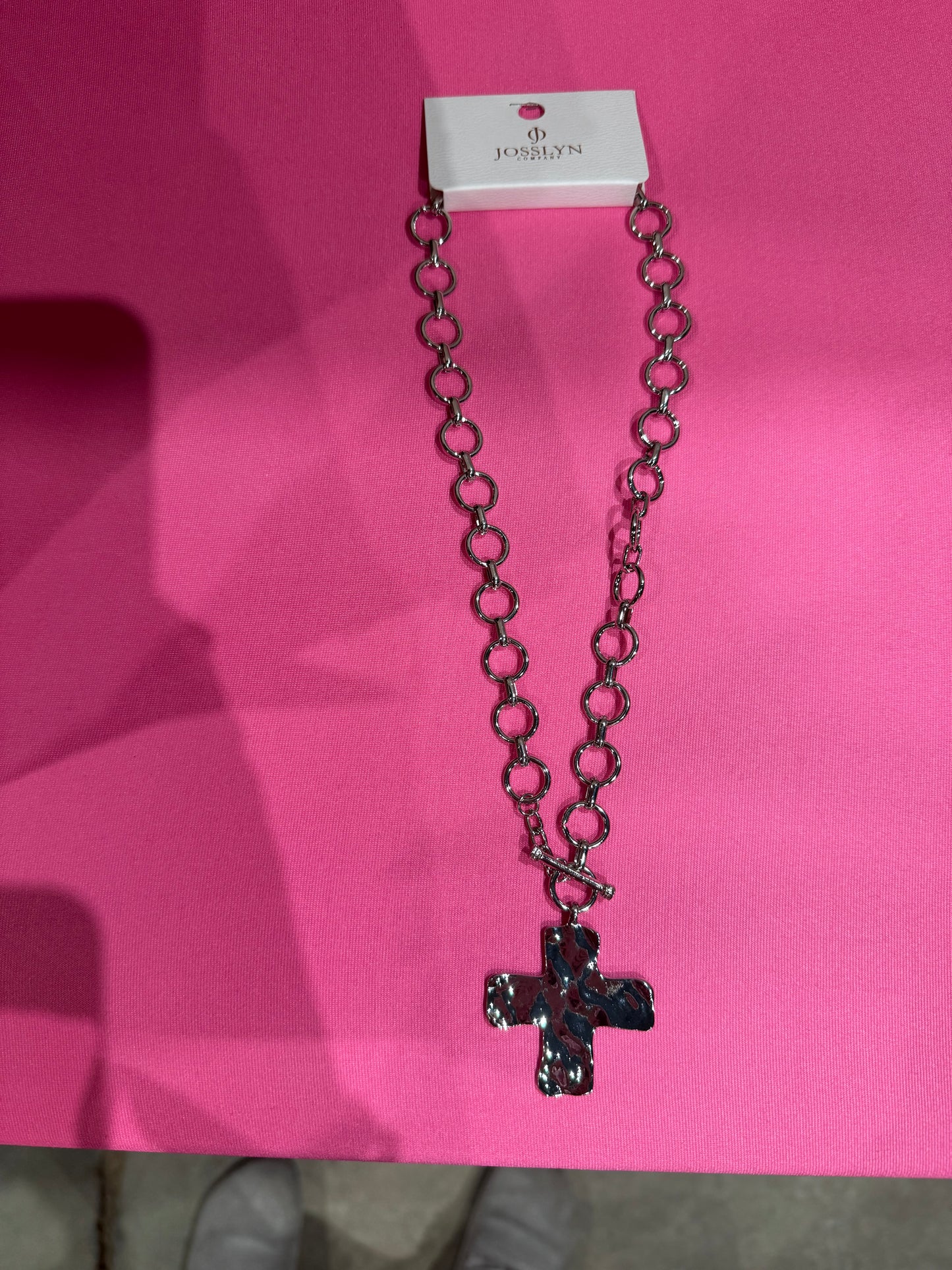 Silver Hammered Cross Metal Necklace