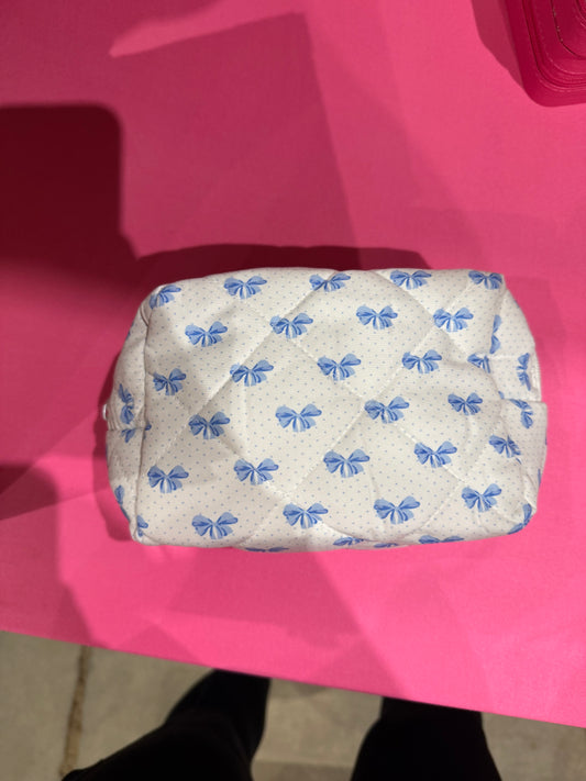 Blue Bow Quilted Makeup Bag