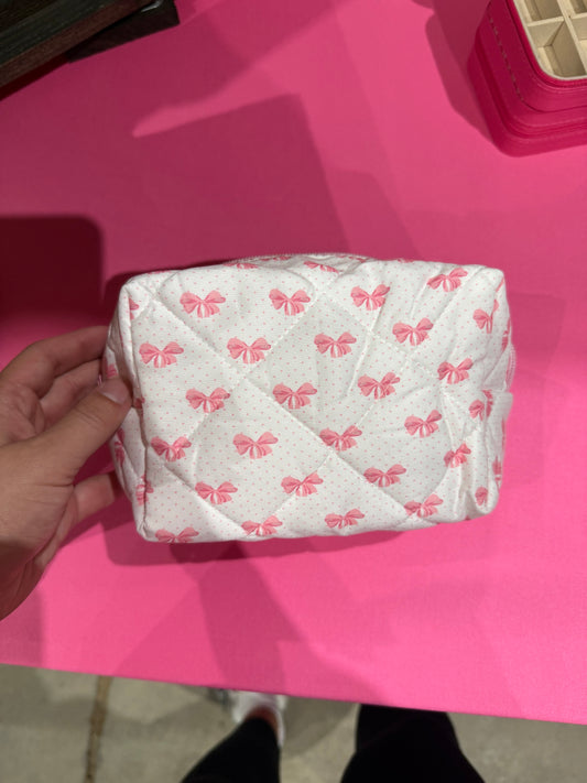Pink Bow Quilted Makeup Bag
