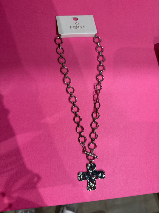 Silver Hammered Cross Metal Necklace