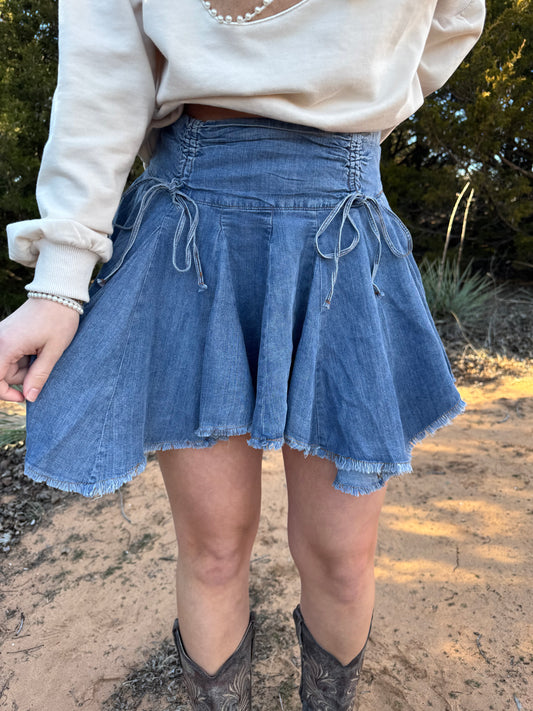 Flirty Flutter Denim Mini Skirt