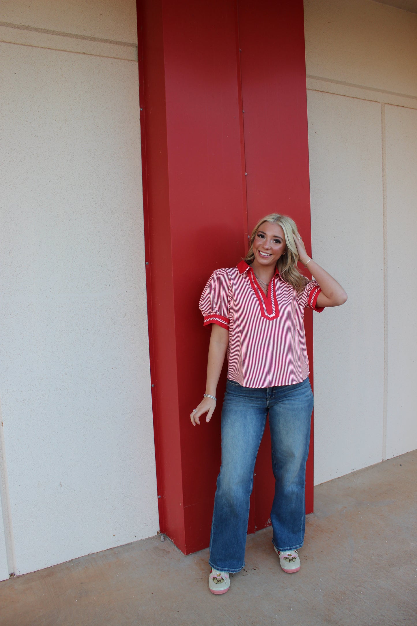Red and White Pinstripe Top
