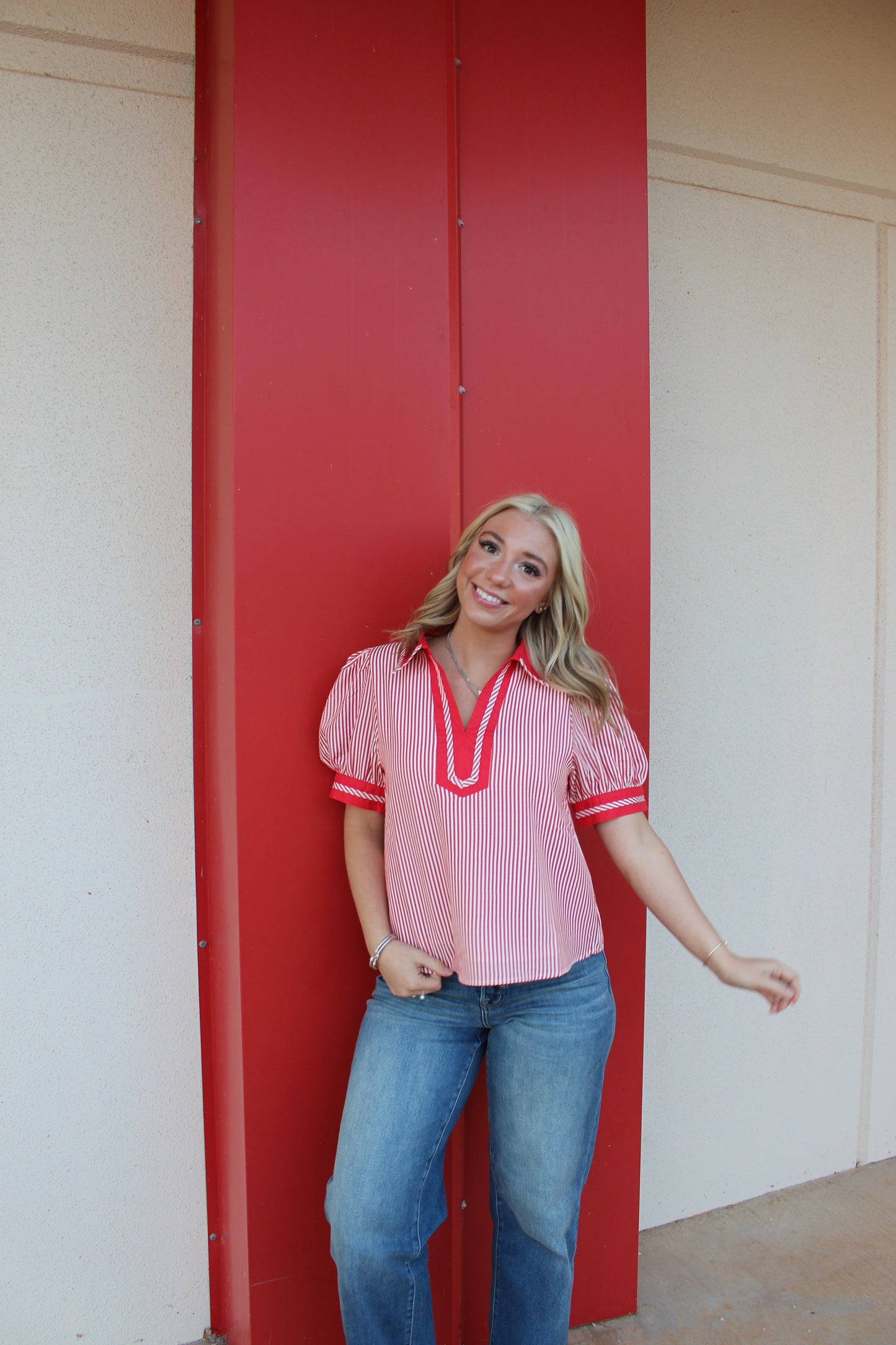 Red and White Pinstripe Top