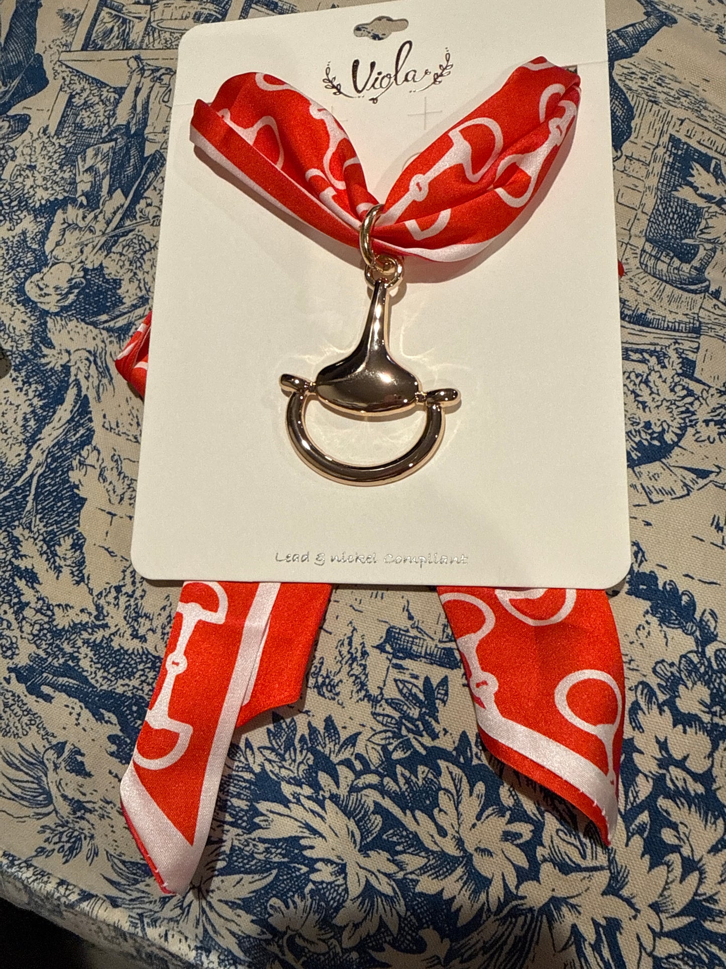 Red and White horsebit scarf necklace