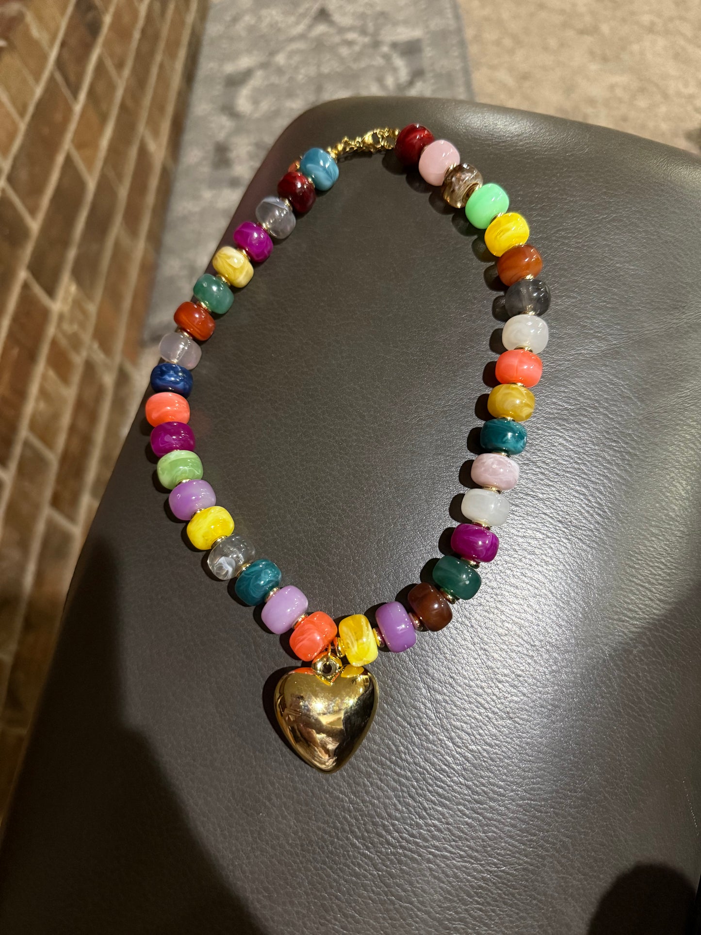 Colorful Beaded Necklace with Gold Heart